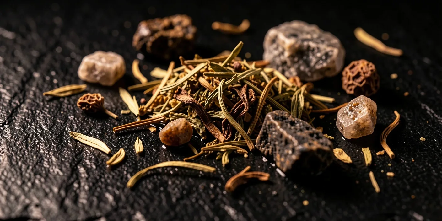 Dried herbs and minerals on dark surface