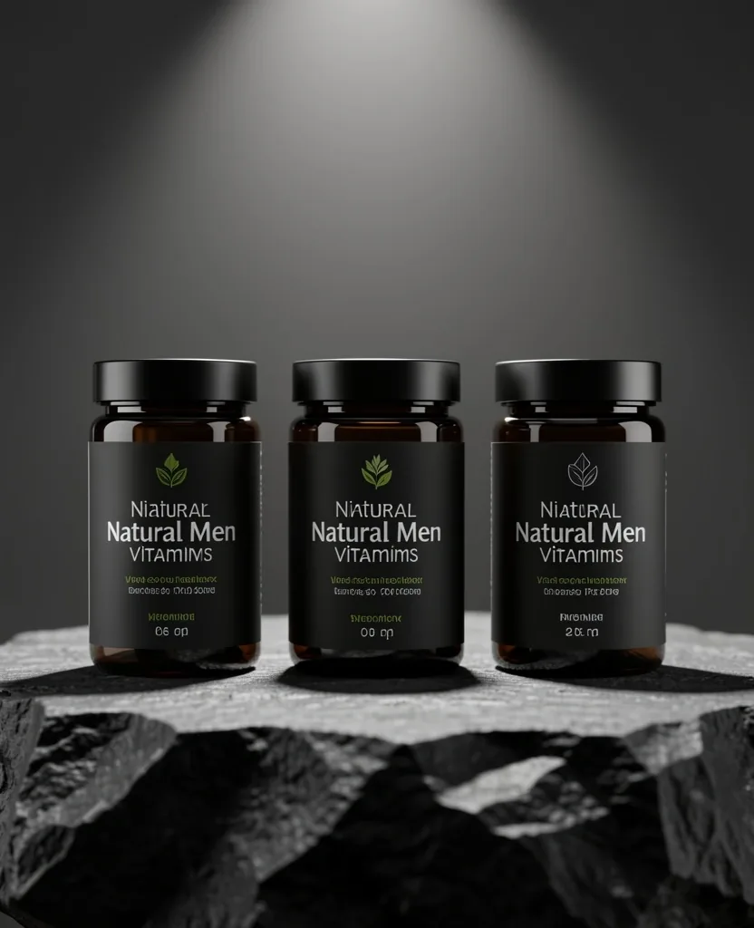 Natural supplement bottles photographed on dark stone