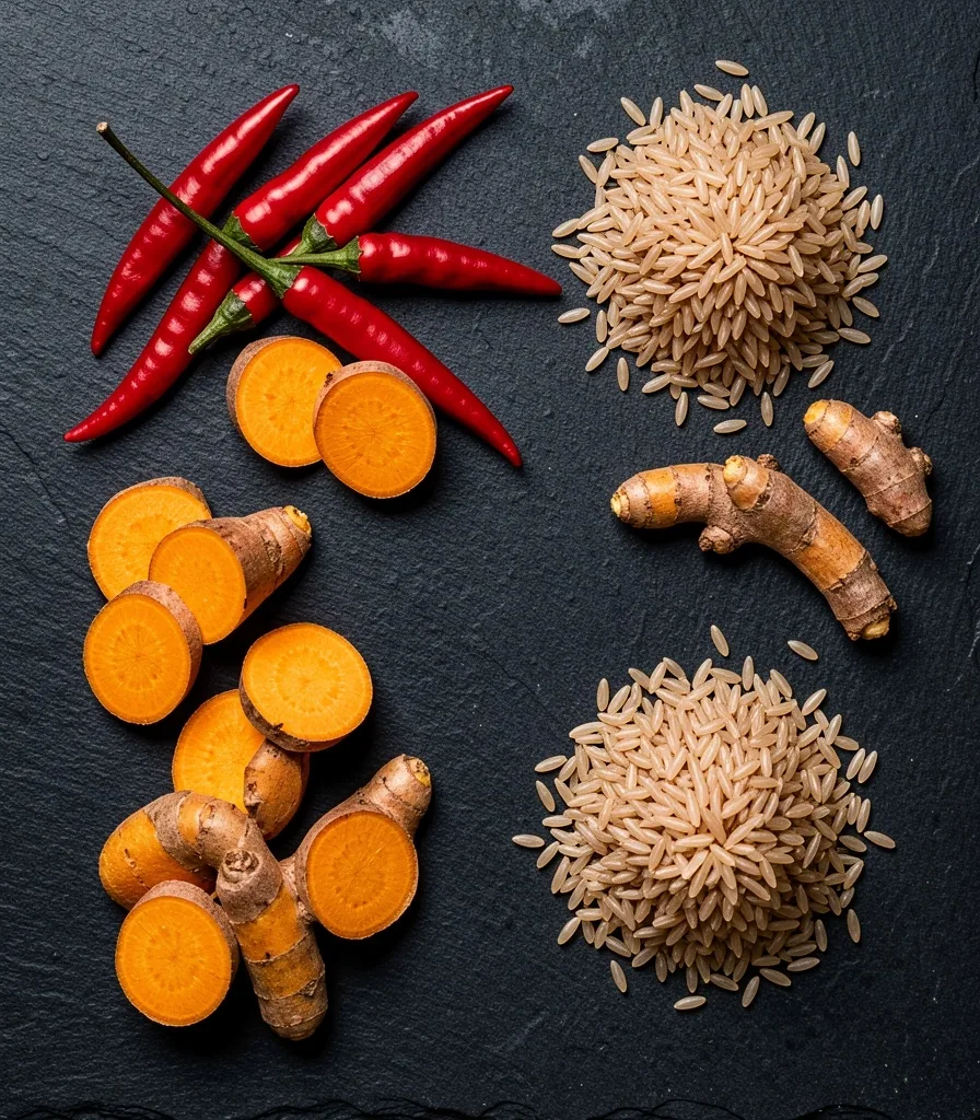 Indonesian nutrient-rich food ingredients on dark surface