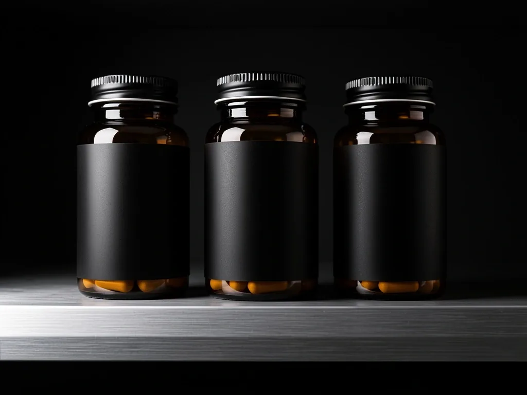 Supplement bottles on dark shelf