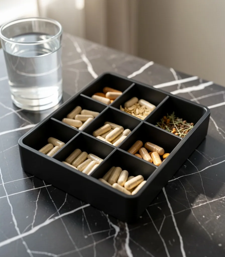Weekly supplement organizer on dark surface
