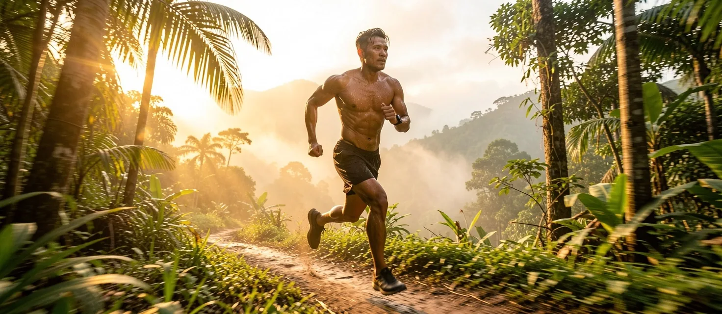 Active man running on a trail at dawn