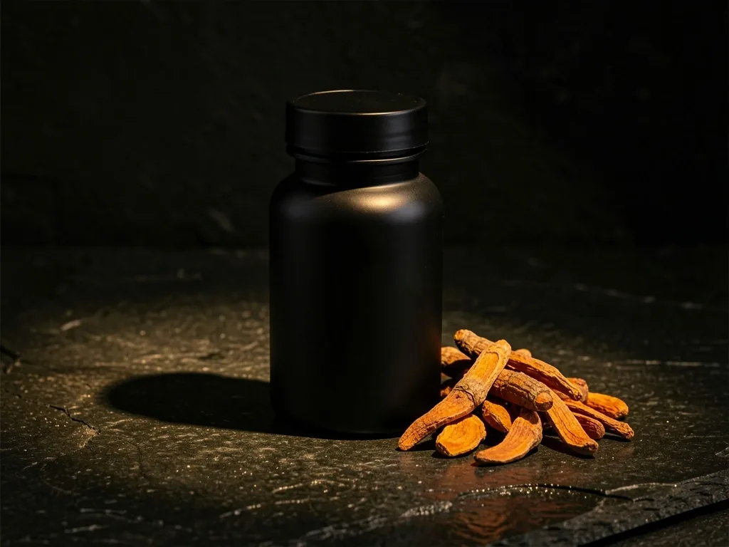 Dark supplement bottle with turmeric