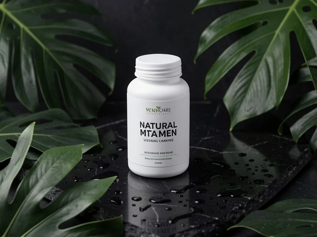 Frosted supplement bottle with green leaves