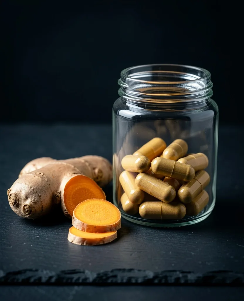 Natural supplement bottles on dark obsidian surface