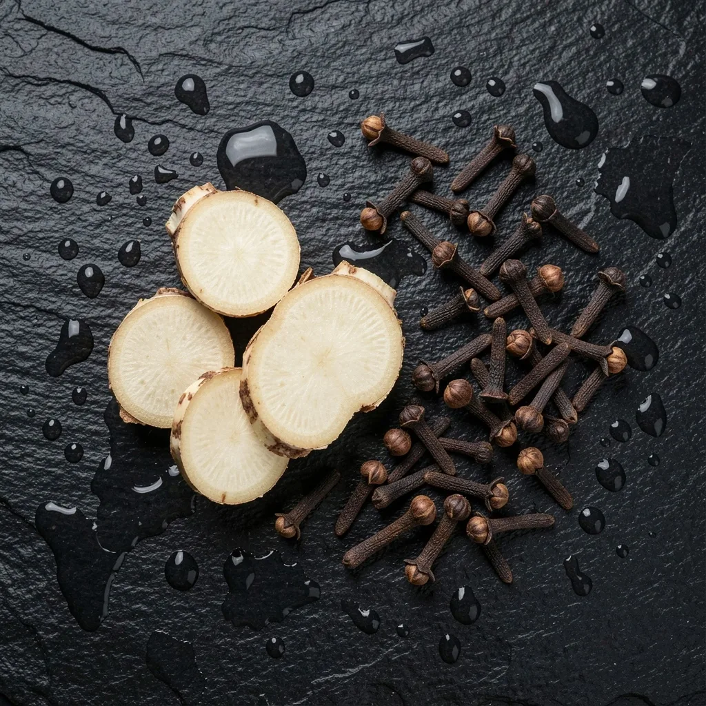 Raw botanical ingredients on dark stone