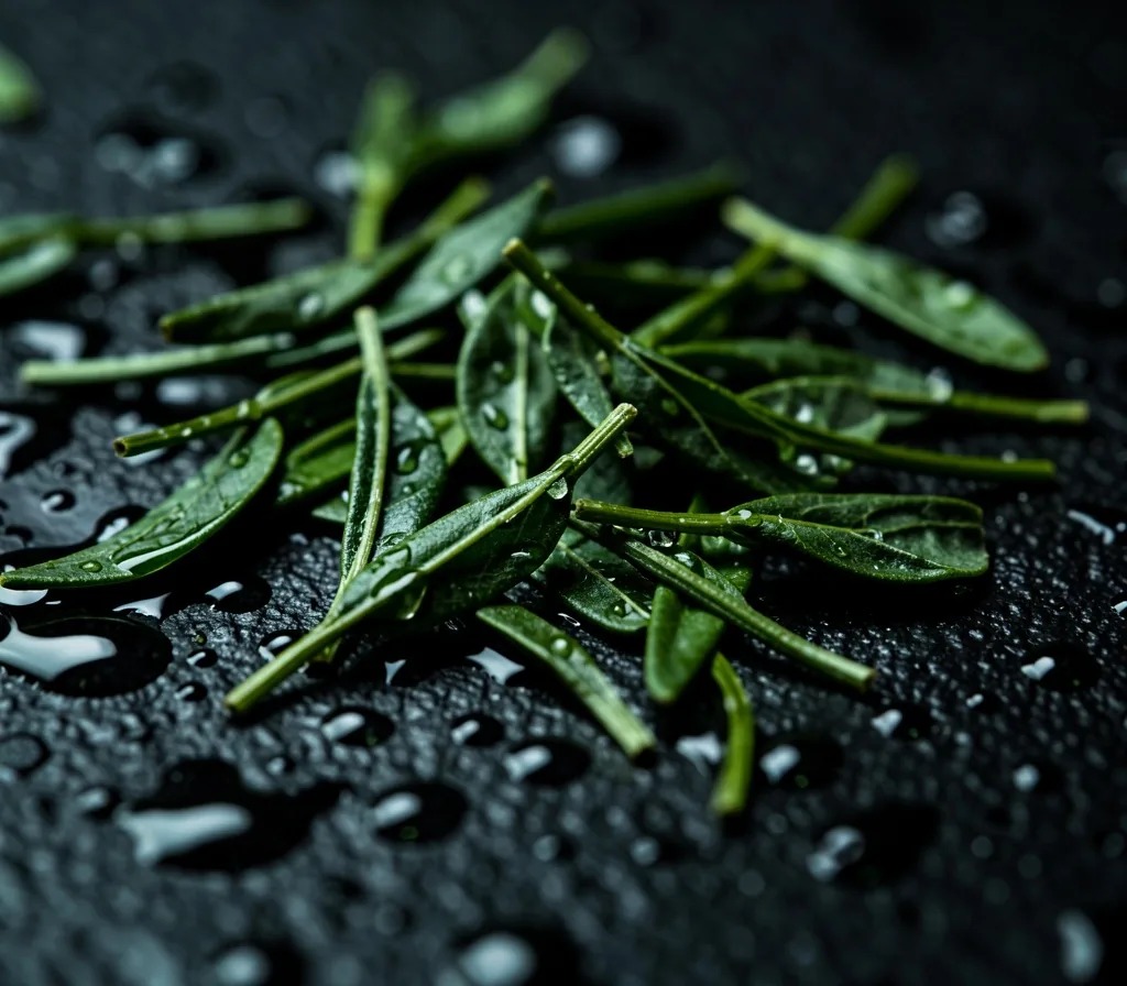 Green tea leaves on dark surface