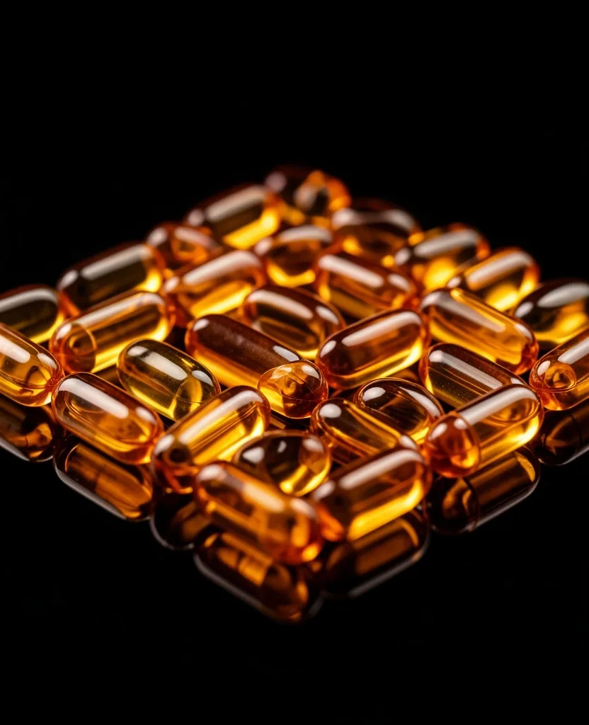Natural supplement capsules on dark surface